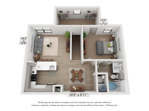 a stylized floor plan with a bedroom and a living room